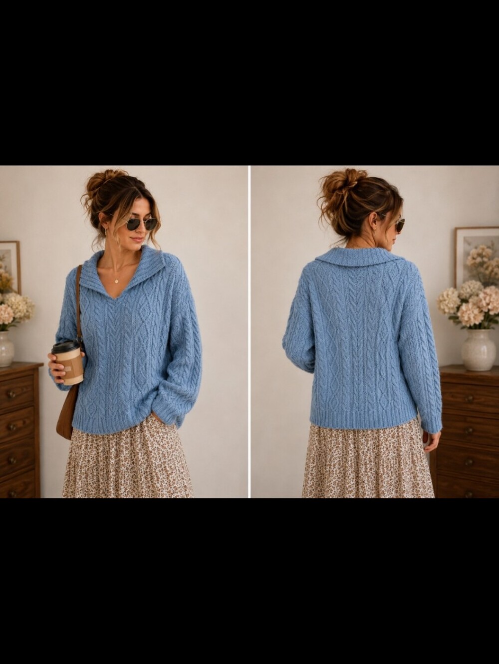 Country Road ~ Dusty Blue Cable Knit Collared Sweater Oversized Cozy~M